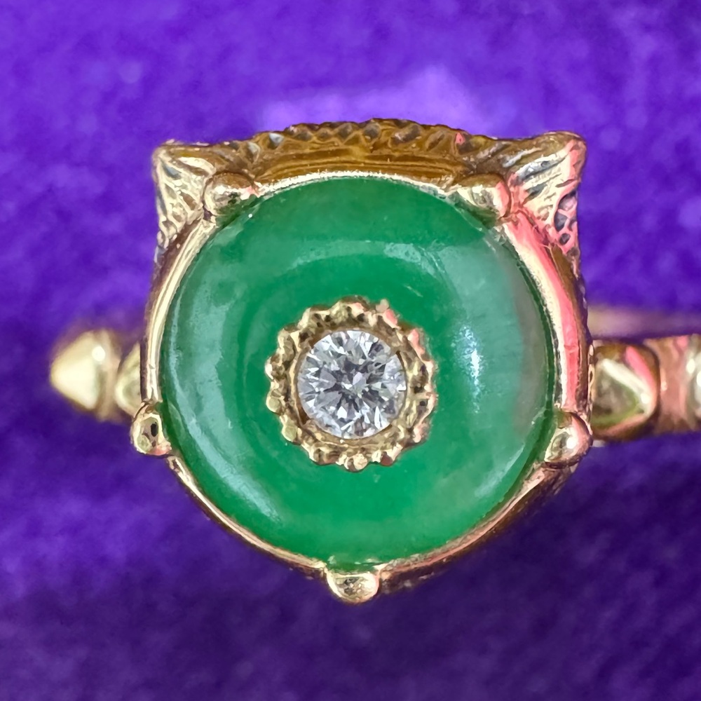 Gucci 18K Yellow Gold Le Marché des Merveilles Jade & Diamond Feline Head Ring. - Picture 5 of 8